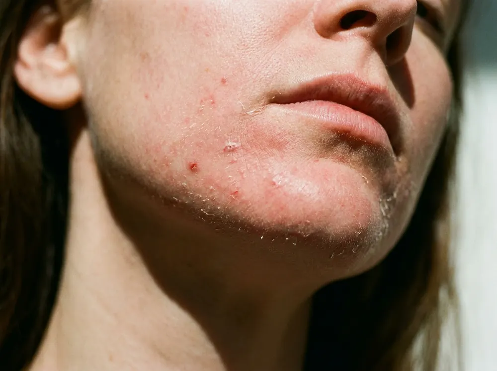 A close view of a woman's lower face and chin under hard overhead light, showing tight, dry, flaking skin with diffuse redness across the chin and jaw from over-treatment.