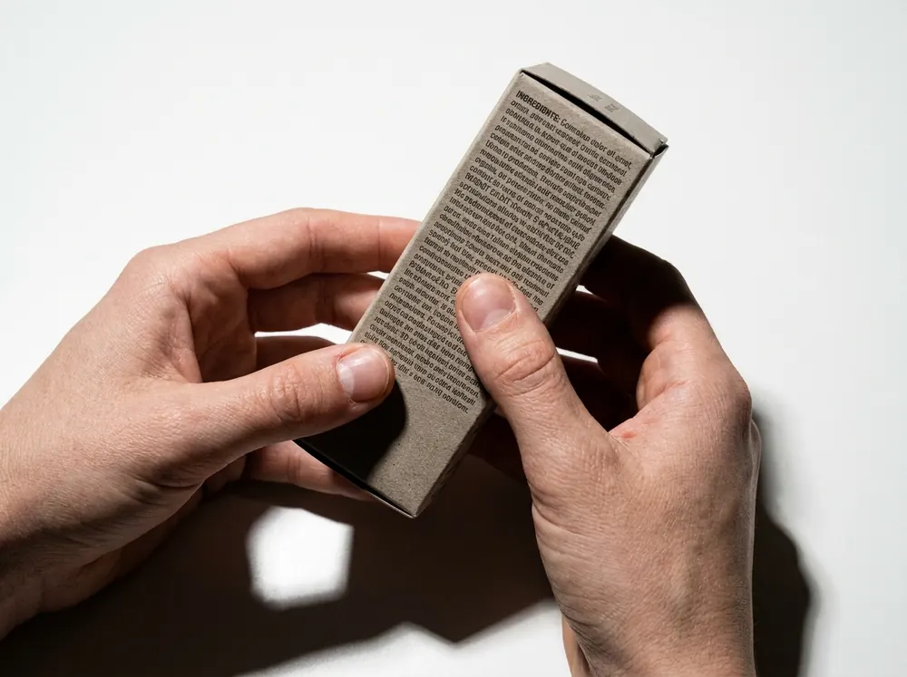 A pair of hands holding a small product carton angled toward the light so the dense block of small print on its back panel is legible, on a white surface under hard overhead light.