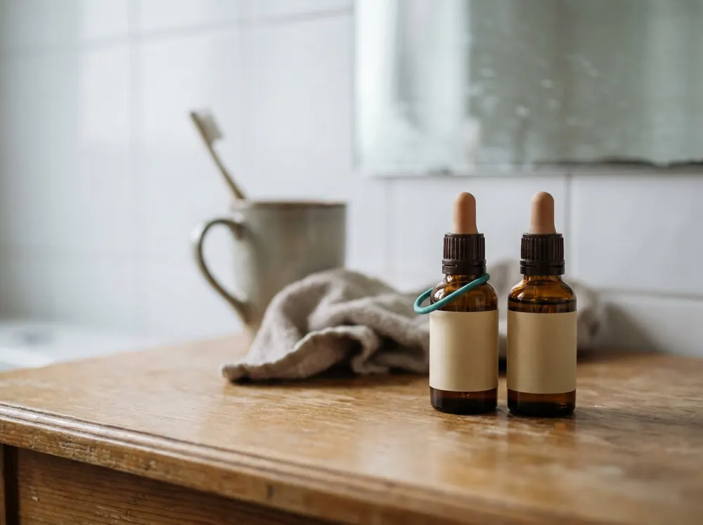 Two unlabeled serum bottles on a wooden bathroom counter, representing the mistake of using identical products in AM and PM skincare routines