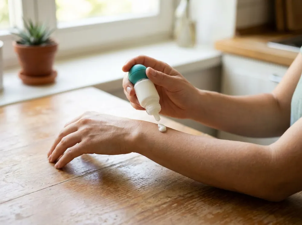 Applying a vitamin C serum to the skin near a sunny window as part of an AM skincare routine focused on protection