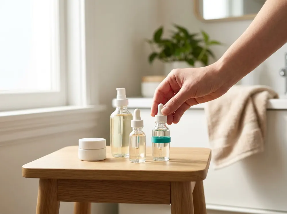 Selecting a serum bottle among skincare products, illustrating how to structure the right order for AM and PM routines