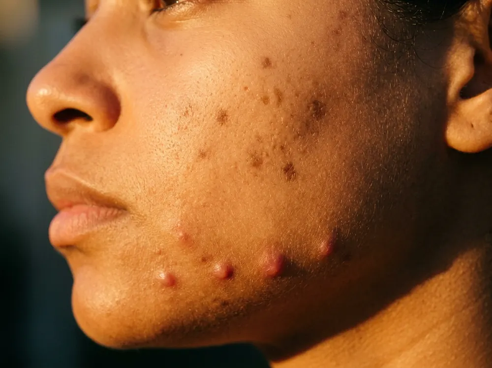 A close view of a woman's cheek and jaw in soft golden late-afternoon light, showing several raised red inflammatory spots alongside flatter brown marks where older spots have healed.