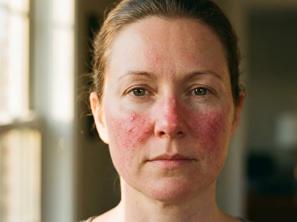 A woman's face in soft golden late-afternoon light showing diffuse redness across the cheeks and nose with a scattering of small raised papules and pustules over the reddened areas.