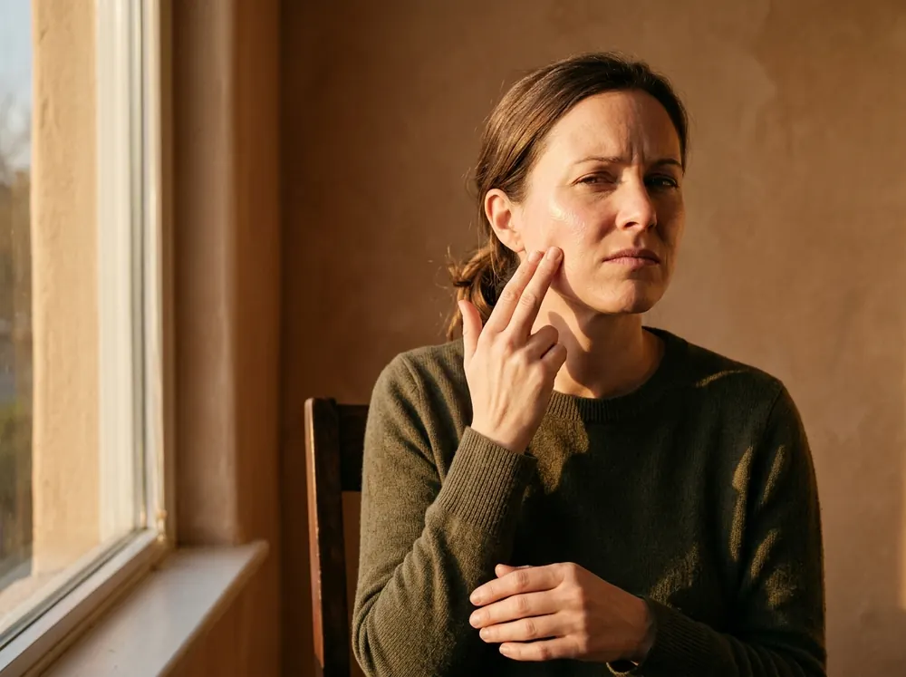 A woman beside a window in soft golden late-afternoon light pressing two fingertips against her cheek just after applying a cream, her brow drawn against a momentary sting.