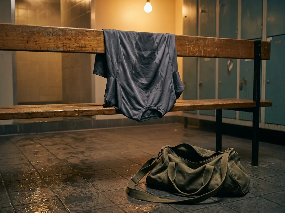 A damp sports top hanging over the back of a changing room bench under warm overhead light, with a gym bag beside it.