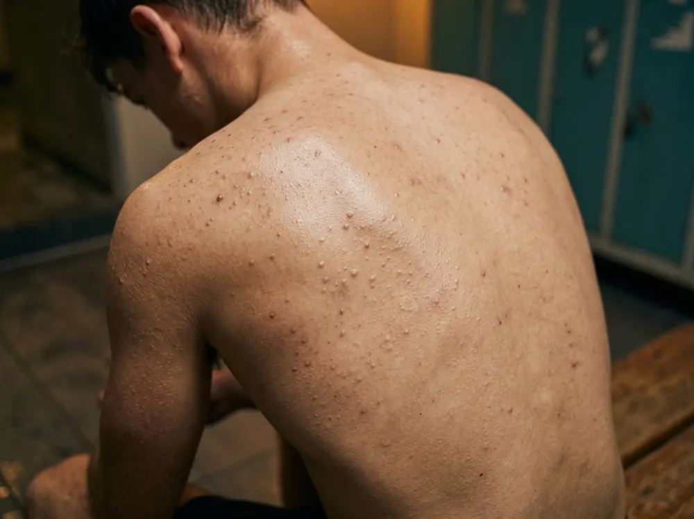 A close view of an upper back in warm indoor light, showing small bumps that are strikingly uniform in size and evenly distributed.