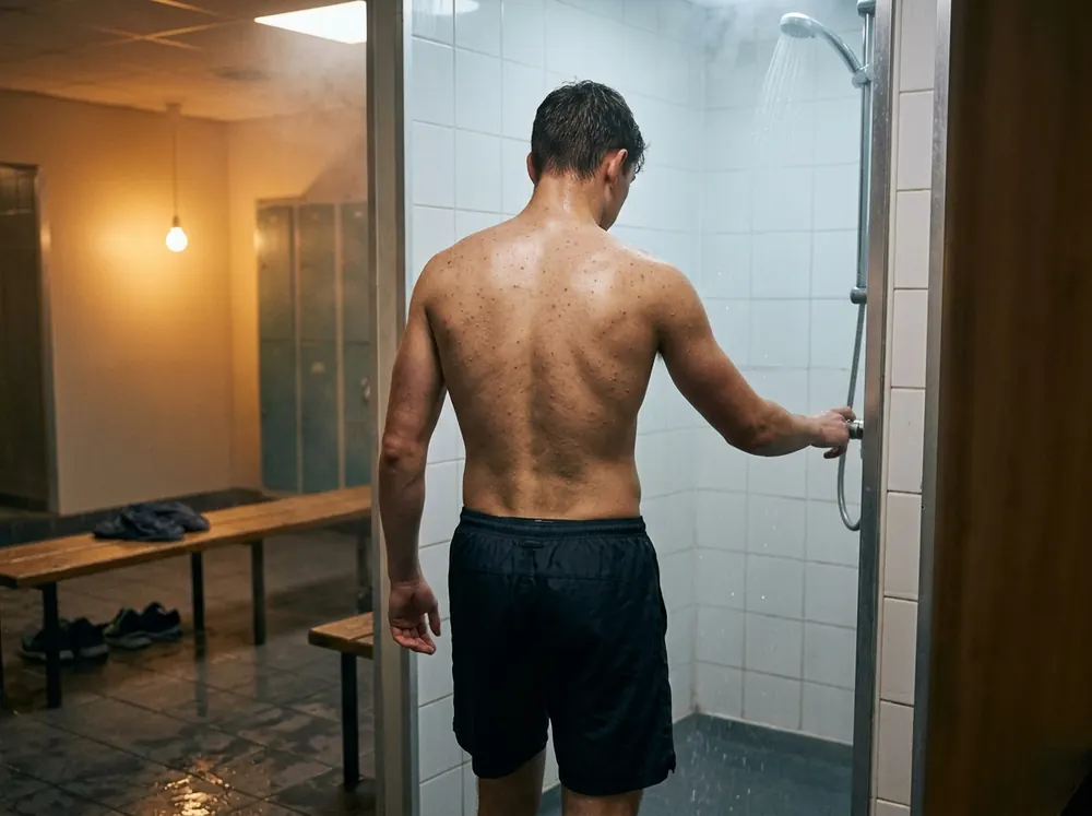 A person stepping into a shower straight after training, water beginning to run and steam starting to rise.