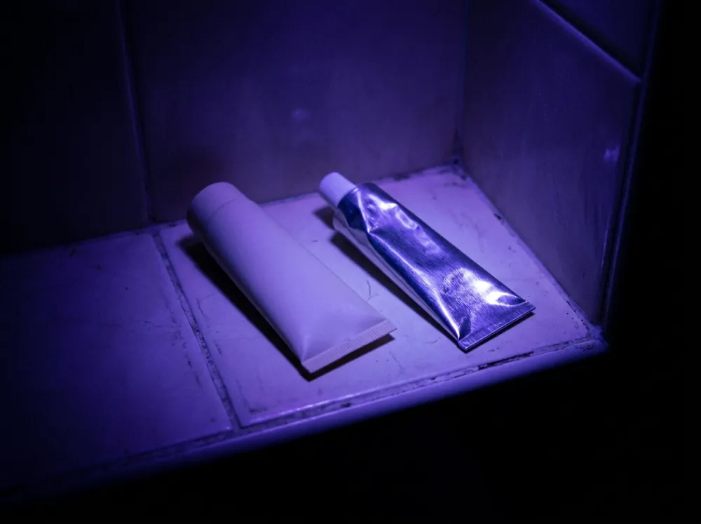 Two plain unmarked tubes, one pale and one silver, lying side by side in a tiled bathroom alcove in violet black light.