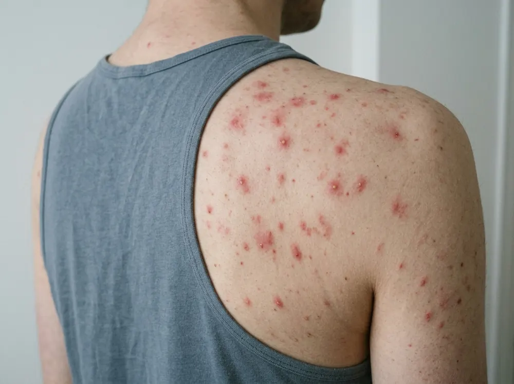A close view of the upper back and shoulder in cool light, showing scattered small inflamed spots of varying size.
