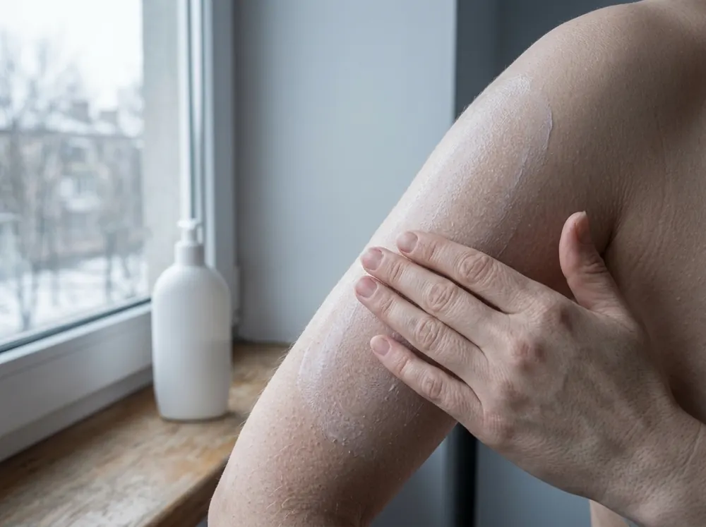 A hand smoothing lotion along the back of an upper arm in cool daylight, the skin still showing fine texture.