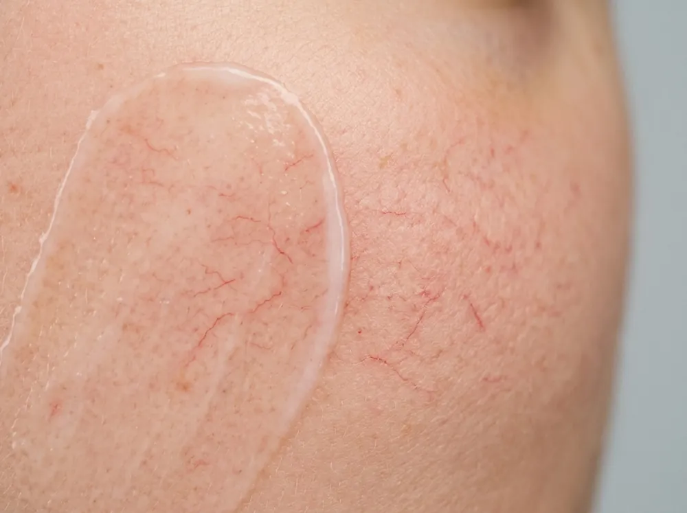 A close view of a cheek with a thin transparent smear of gel across the left side, fine red vessels still visible beneath it and on the bare skin to its right.