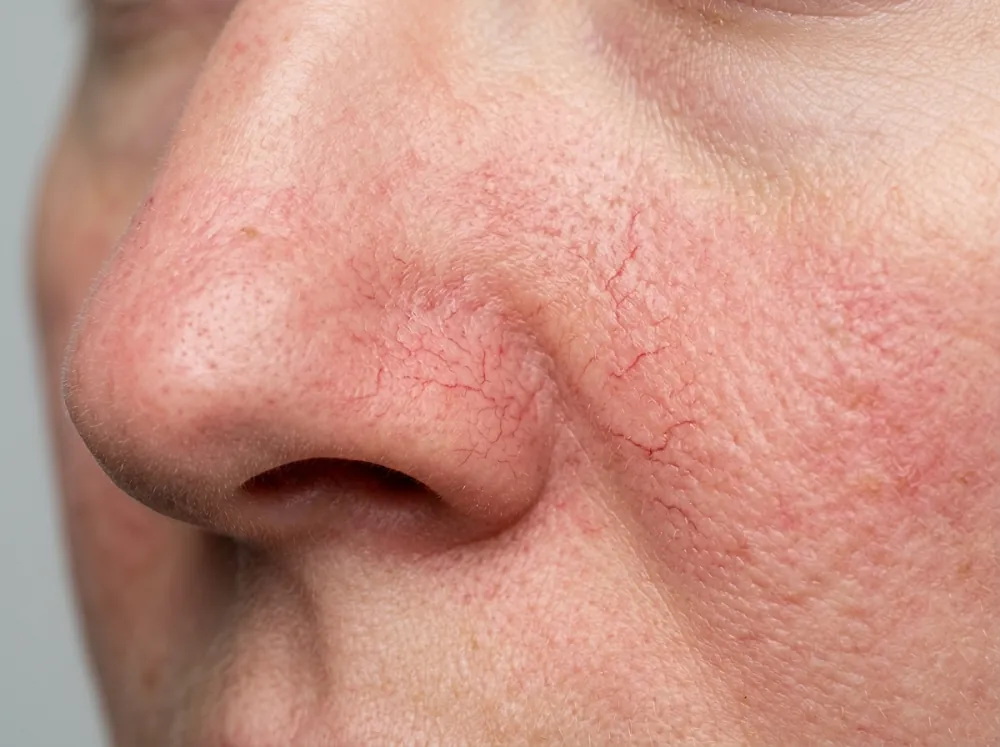 A close view of the side of a nose and cheek on fair skin, with a network of fine red vessels along the nostril crease and cheek and a general pink flush.