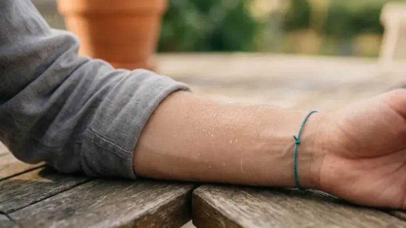 A bead of sweat rolling down a forearm resting on an outdoor wooden table