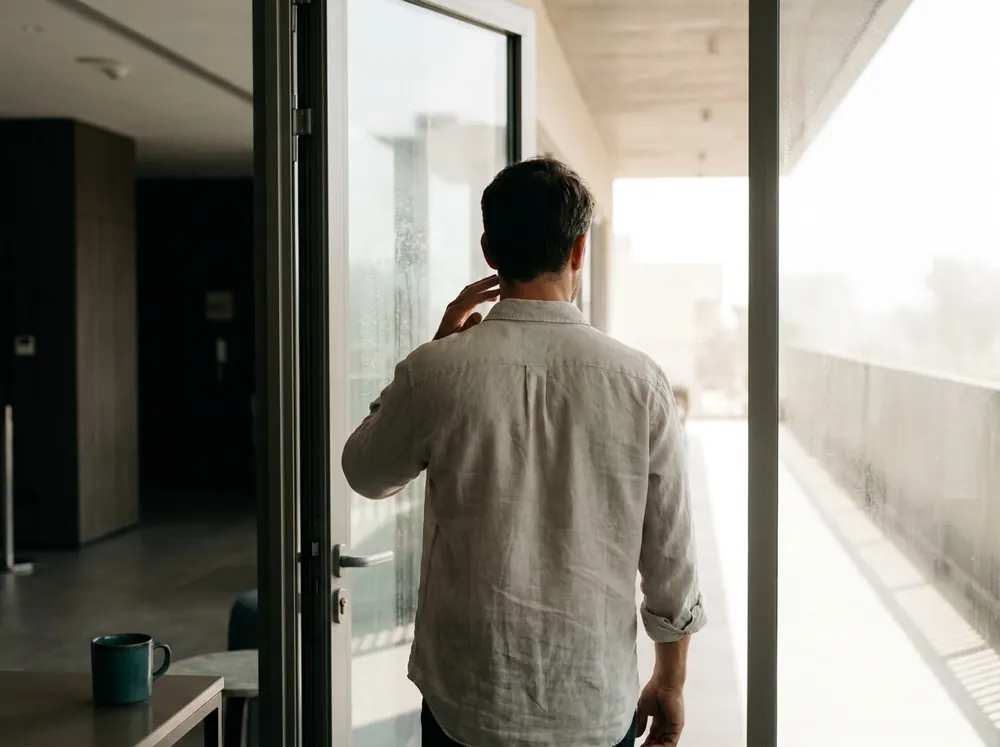A man stepping from an air-conditioned interior through a glass door into bright outdoor heat