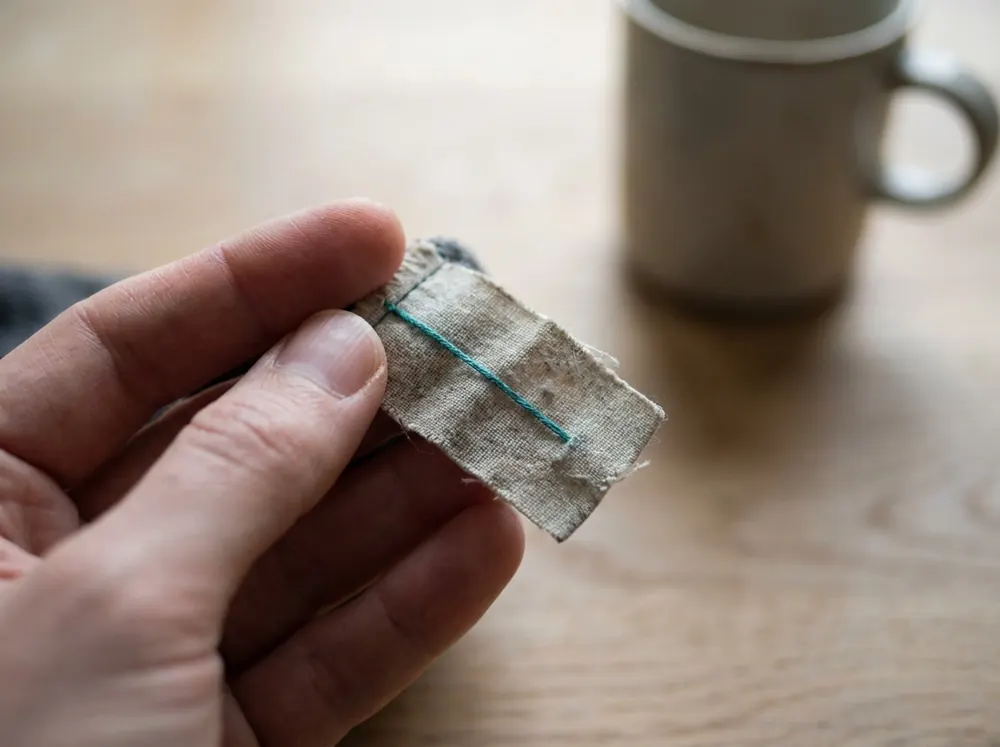 A hand holding a small fabric patch-test swatch near a mug on a wooden table