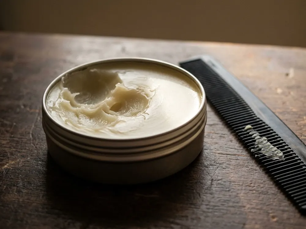 An open tin of pale hair pomade scooped with fingermarks, resting on a wooden surface beside a comb with residue between its teeth.