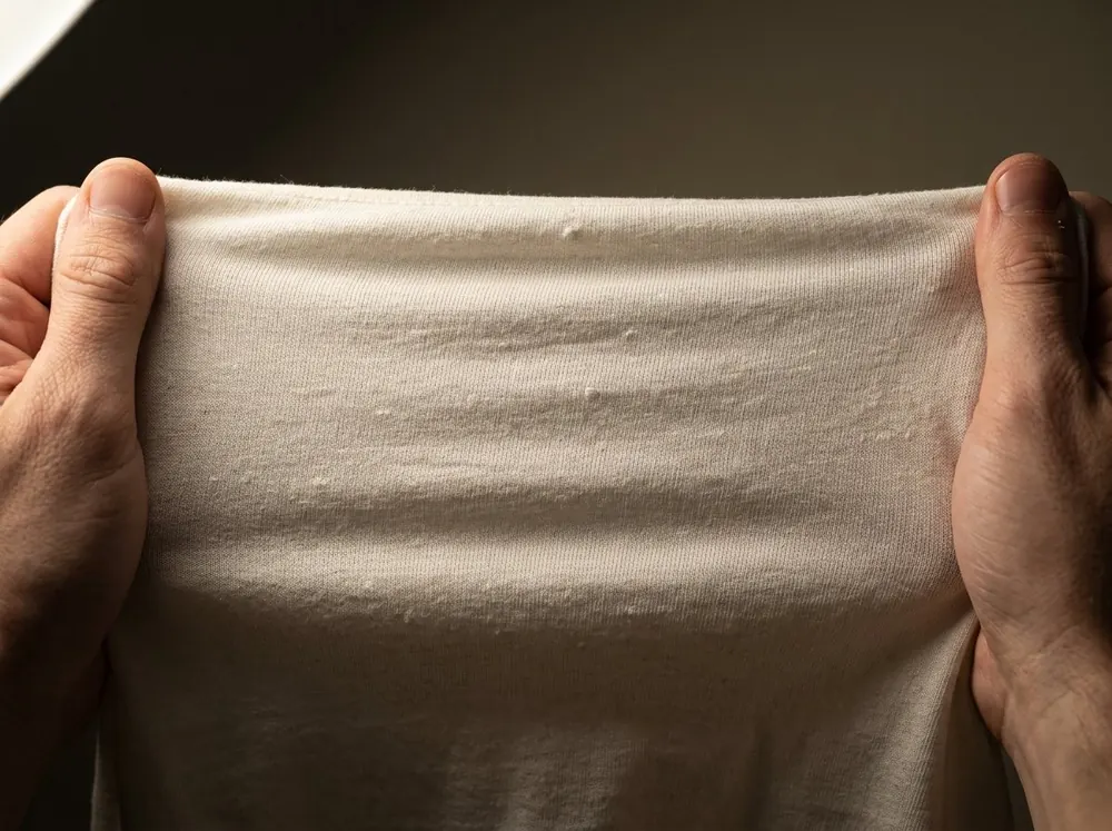A piece of white cotton pulled taut between two hands, its weave and slubs raised into relief by low side lighting.