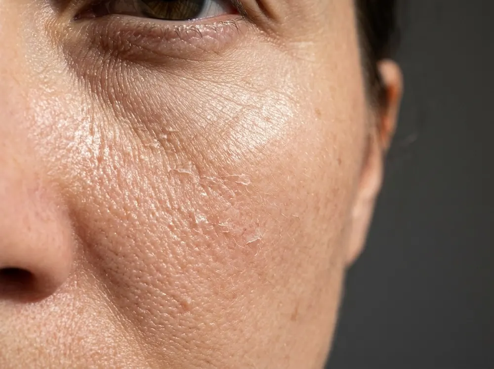 A close crop of a cheek in raking daylight showing fine crepey lines and dry flaking across skin that is also visibly shiny.