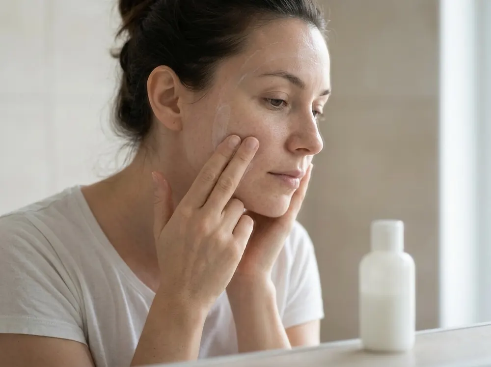 A woman applying a single lightweight moisturiser across her whole cheek and forehead in one continuous motion.