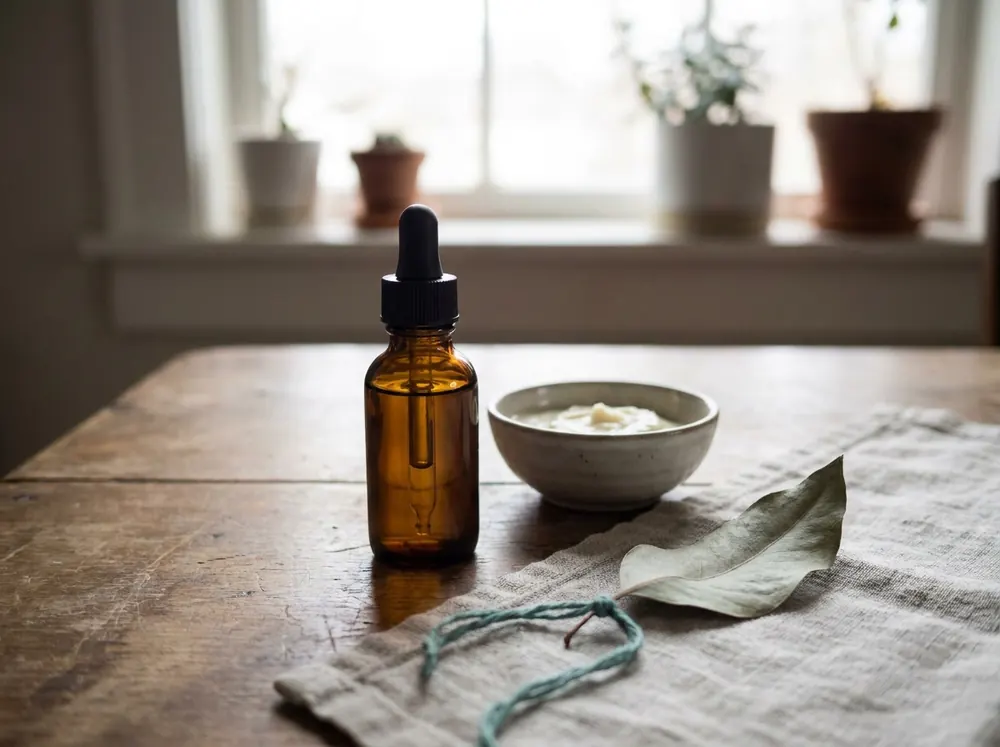 A dropper bottle beside a bowl of cream and a dried leaf, representing evidence-matched ingredients for each dark spot type