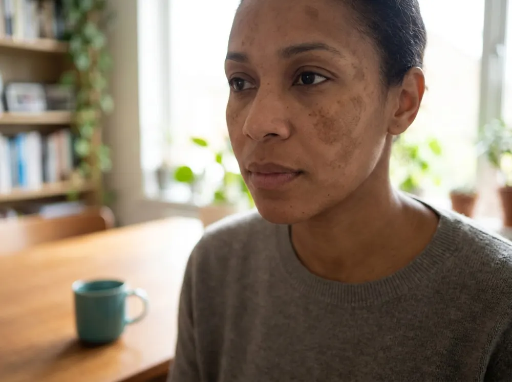 A woman's face showing symmetrical melasma patches across both cheeks