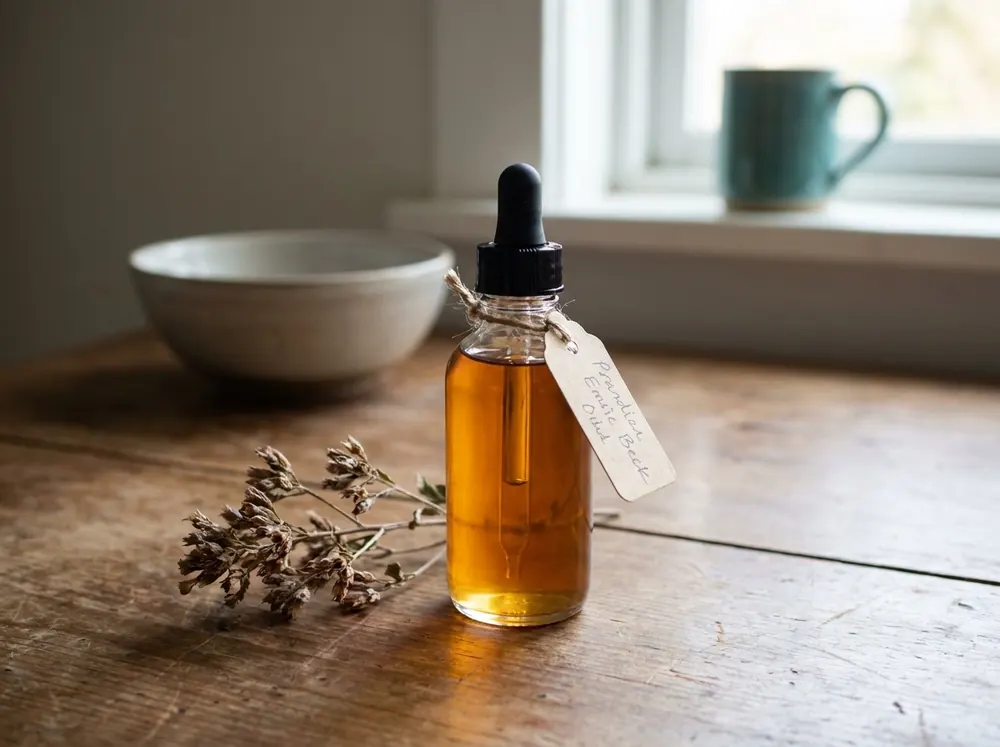 A dropper bottle with a handwritten ingredient label beside dried herbs, representing natural-marketed dark spot ingredients with limited clinical evidence