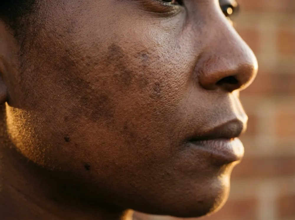 A close side view of a deep brown cheek and nose with several slightly darker patches and small dark marks on the cheek, in low warm light.