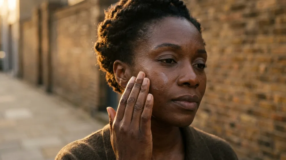 A woman with deep brown skin in warm low sun on a brick-lined lane, her hand raised to her cheek where a film of sunscreen is smoothed on near her temple.