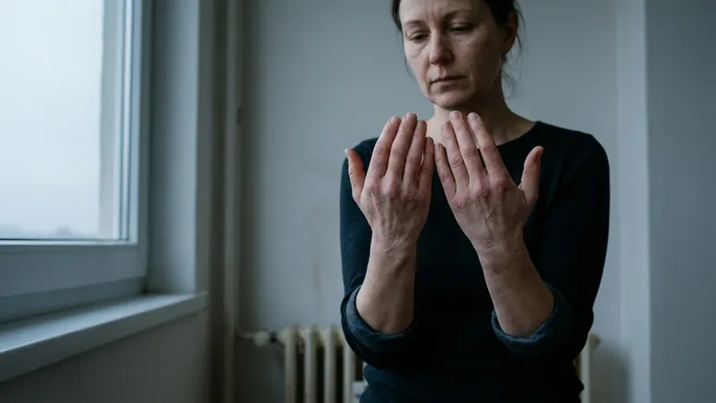 A woman standing at a window in dim blue-grey winter light, turning the backs of her hands toward her to look at the dry, tight skin across her knuckles.
