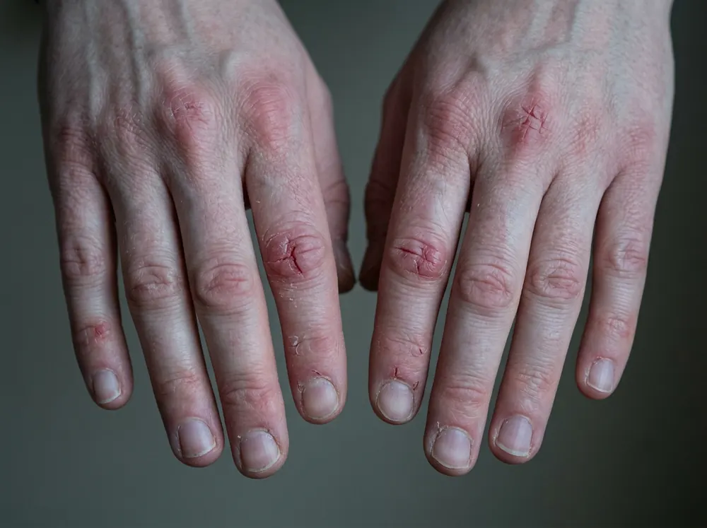 A pair of hands in dim flat blue-grey light with cracked, reddened knuckles and deep fissures at the fingertips, skin tight and shining slightly at the edges of the cracks.