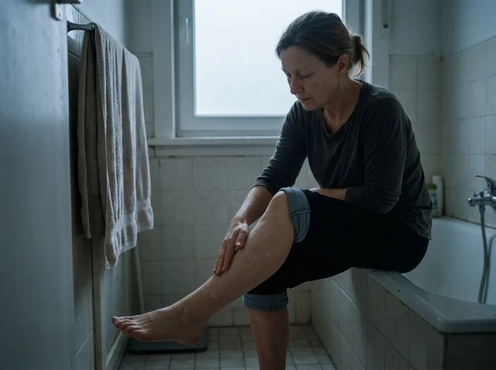 A woman seated on the edge of a bath in dim flat blue-grey light, spreading cream along her lower shin with the flat of her hand.