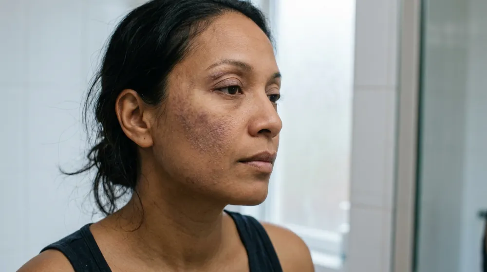 A woman with medium-brown skin and her hair tied back, in profile in a white-tiled bathroom, with darker, finely scaly patches on one cheek and around the eye.
