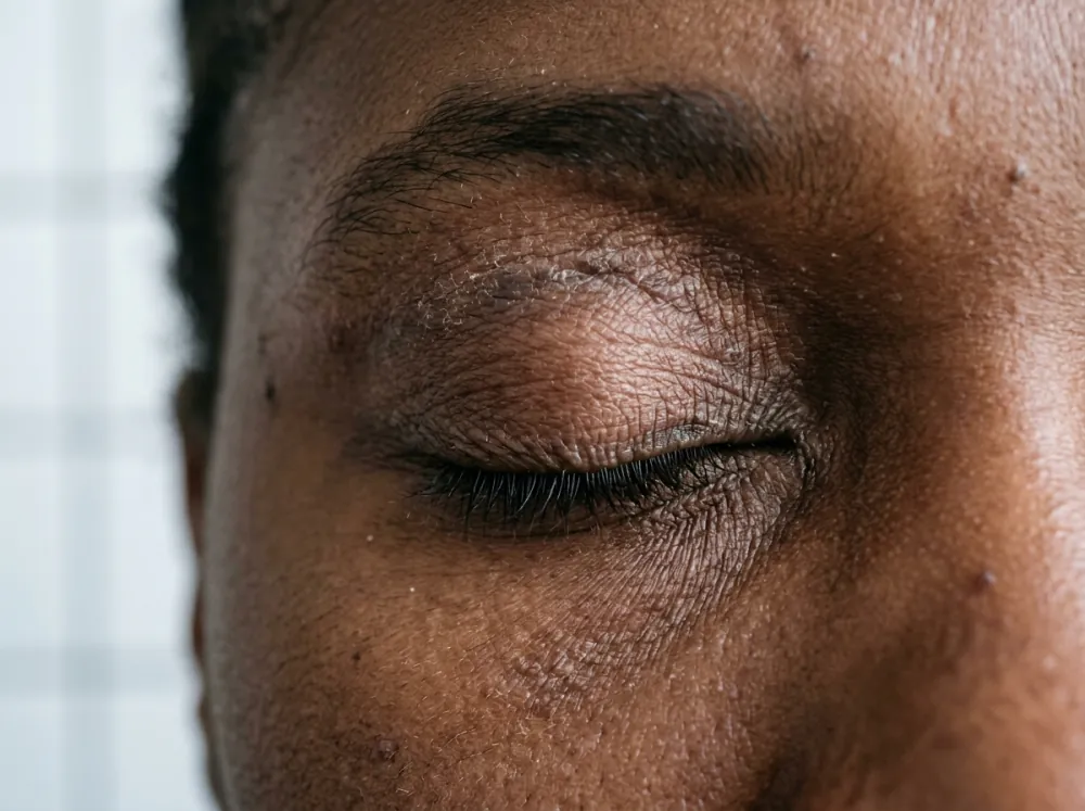 A closed eyelid and the skin below the eye on dark brown skin, with scaly, slightly thickened, darker skin and fine skin markings.