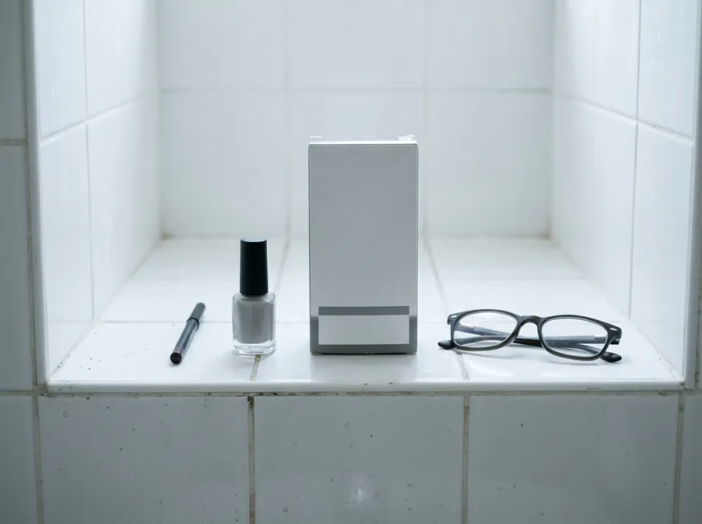 A white tiled bathroom alcove holding an eye pencil, a nail varnish bottle, a plain unmarked box and a pair of glasses in a row.