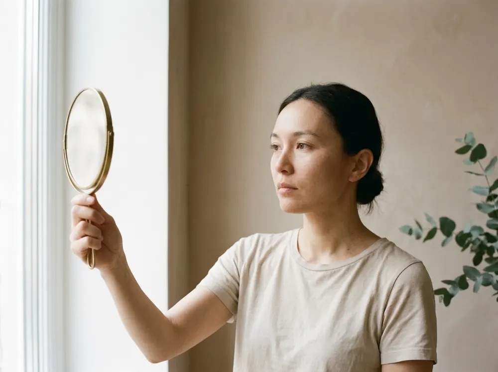 A person standing beside a window in daylight, holding a small brass hand mirror at arm's length and studying their reflection, hands well away from their face.