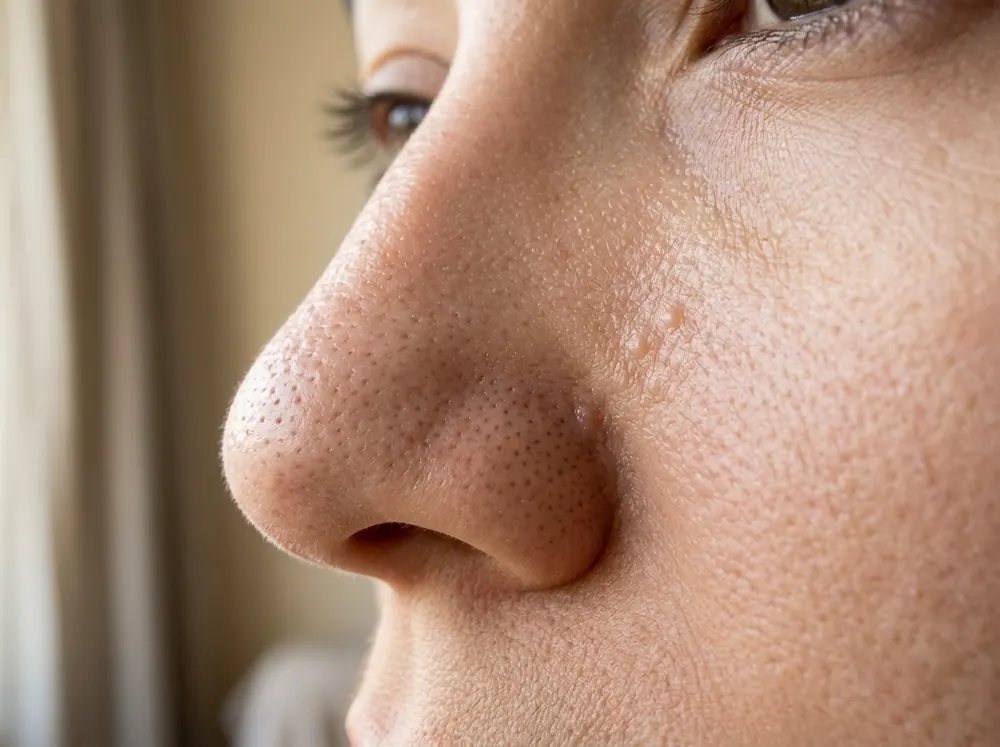 A close-up of the side of a nose and cheek in daylight, showing the even, repeating pattern of dark follicular openings across the nose against the finer, smoother texture of the surrounding cheek.