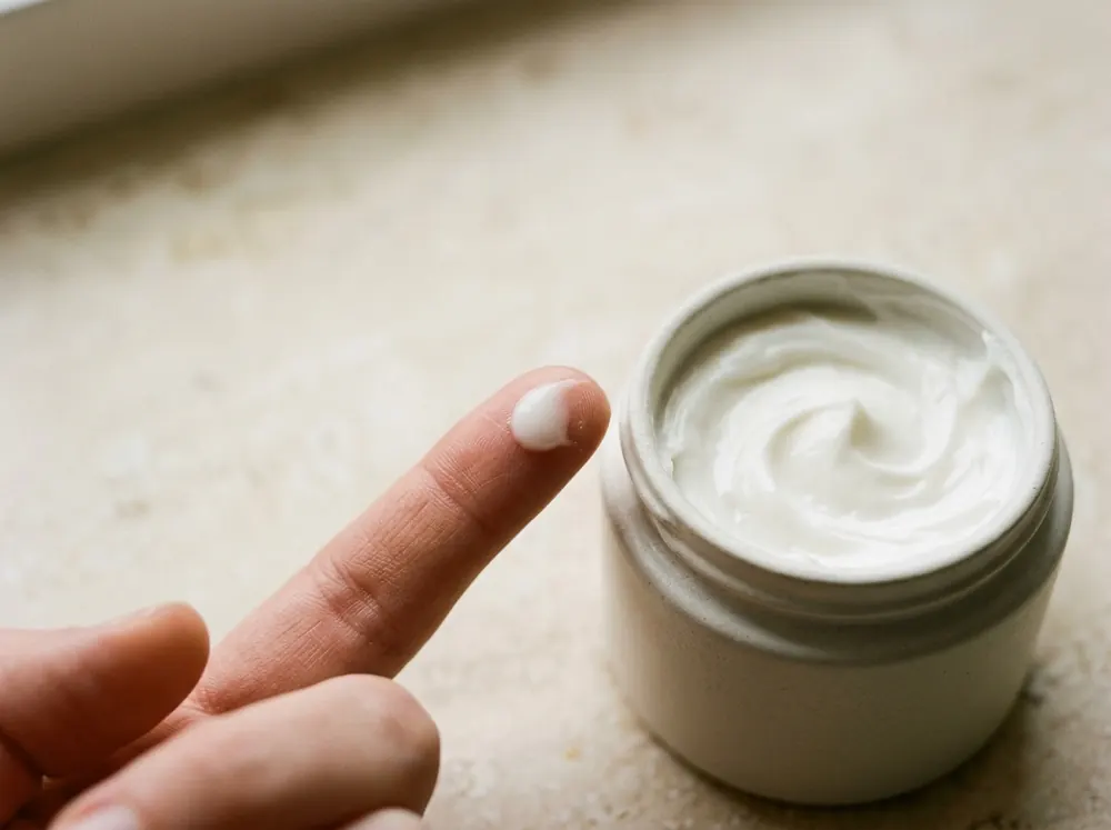 A bead of thin, lightweight lotion on a fingertip beside an open ceramic jar of thick, dense white cream on a pale stone surface.