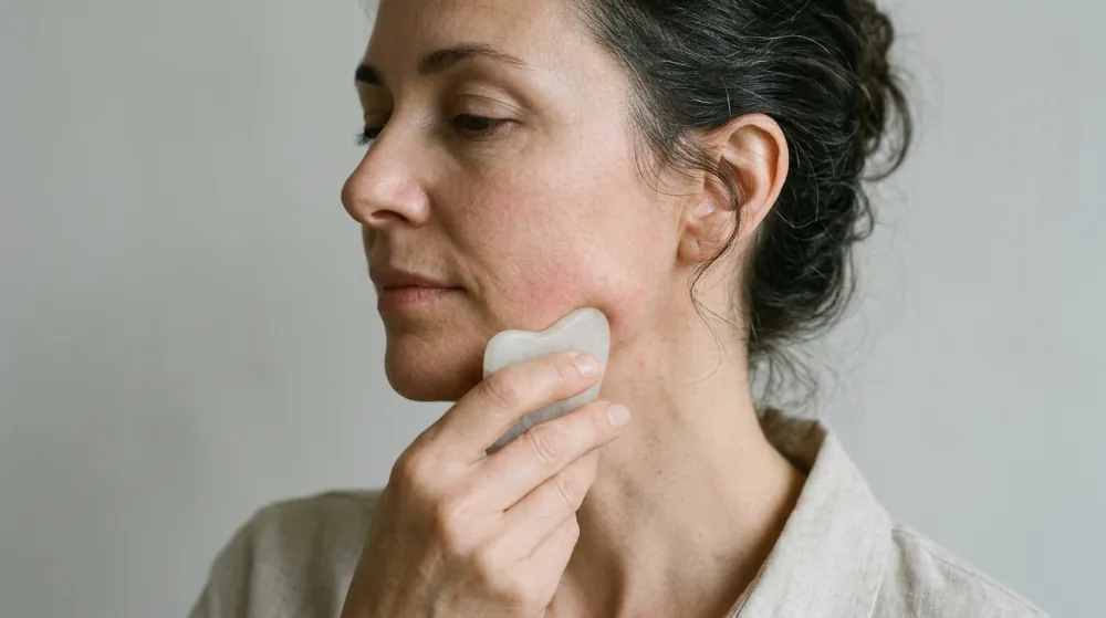 A woman in her forties in profile against a plain grey wall, holding a pale stone gua sha tool against her jawline with her fingers, in soft even light.