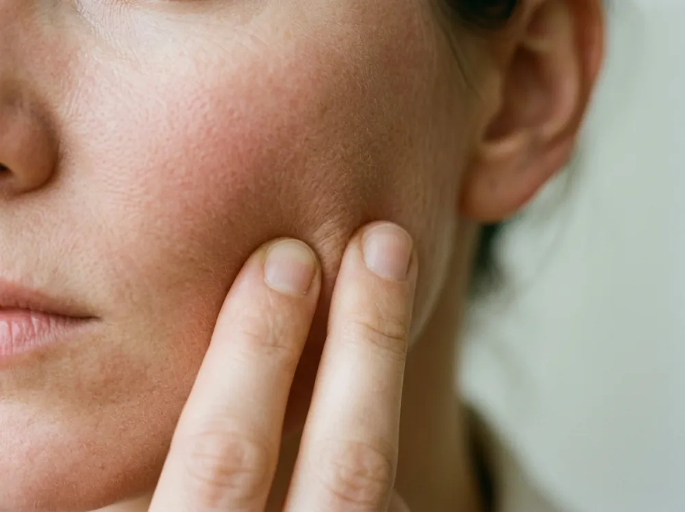 Two fingertips pressing into a woman's cheek below the cheekbone, the skin pale around the fingertips, in soft even light.