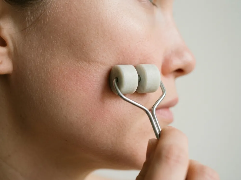 A two-wheeled pale stone roller on a thin metal handle pressed against a woman's cheek in profile, in soft even light.