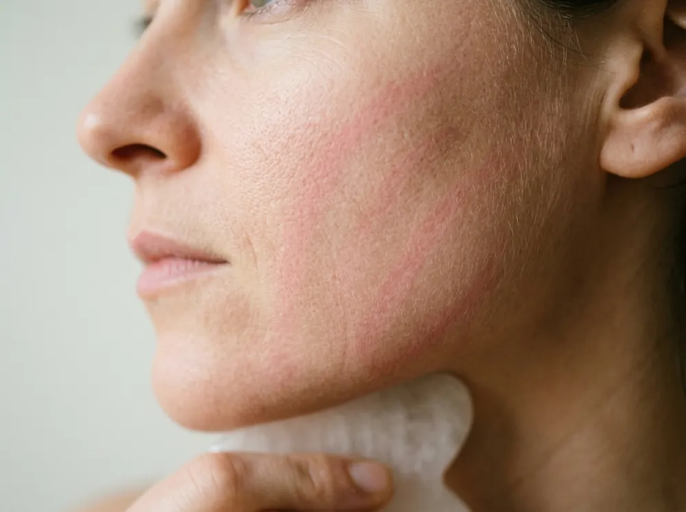 Close side view of a woman's cheek and jaw with faint pink streaks across the skin and the edge of a pale stone tool beneath her chin, in soft even light.