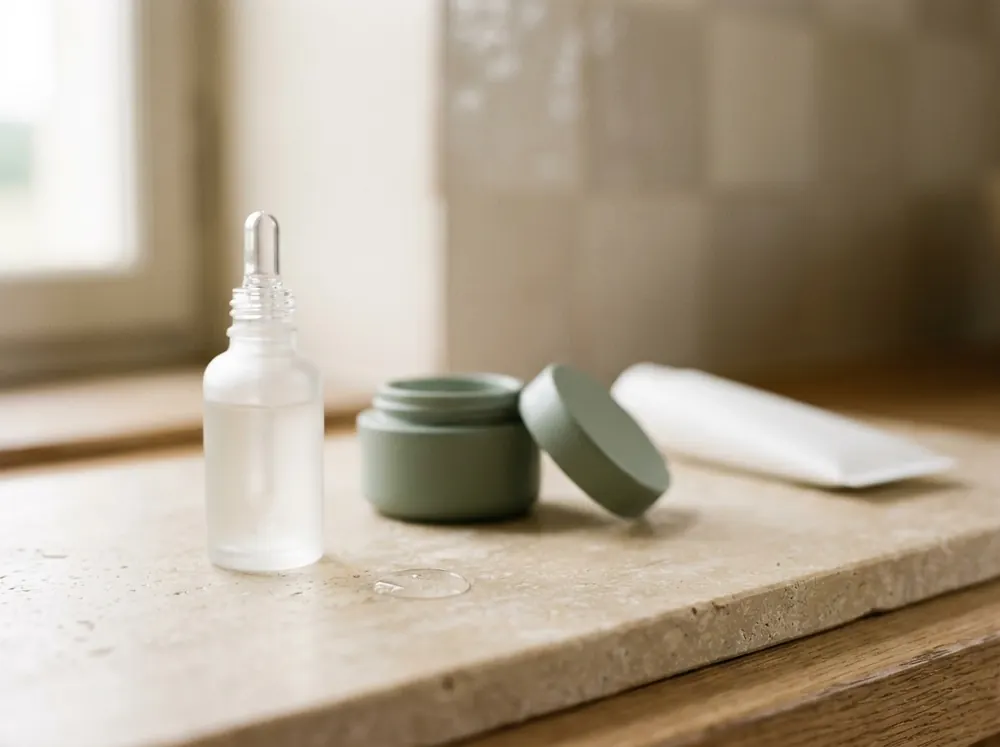 A frosted glass dropper bottle, an open sage ceramic jar and a white tube on a stone surface, with a single drop of serum beside them.