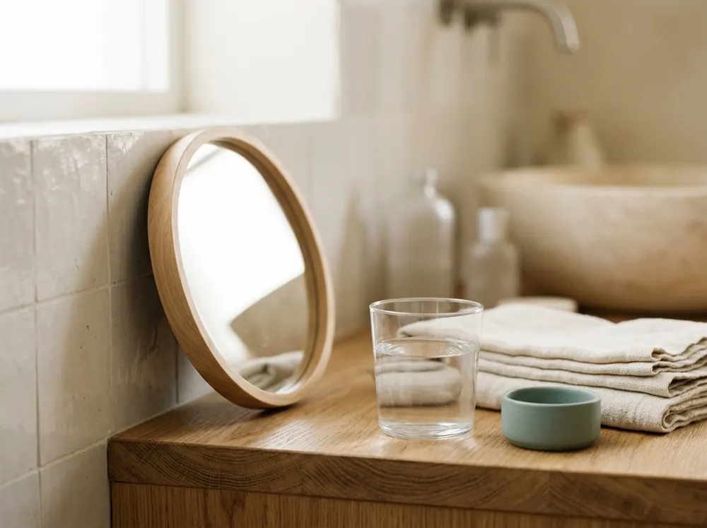 A round wooden-framed mirror propped against a tiled wall in morning daylight, beside a glass of water, a folded linen towel and a small sage ceramic dish.