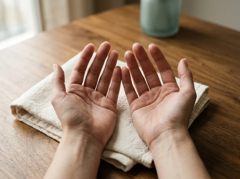 A pair of open, relaxed hands resting palms-up on a folded cream towel on a wooden table.