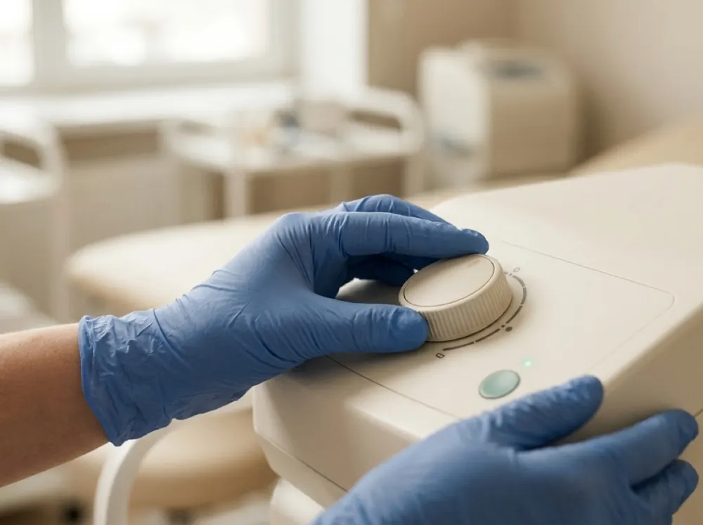 A clinician's gloved hands adjusting the dial on an unbranded treatment device in a bright clinic room.