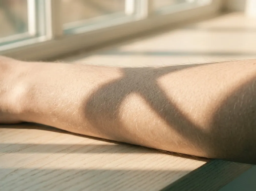 Late afternoon sunlight falling across a bare forearm resting on a wooden windowsill, with the shadow of the window frame laid diagonally across the skin.