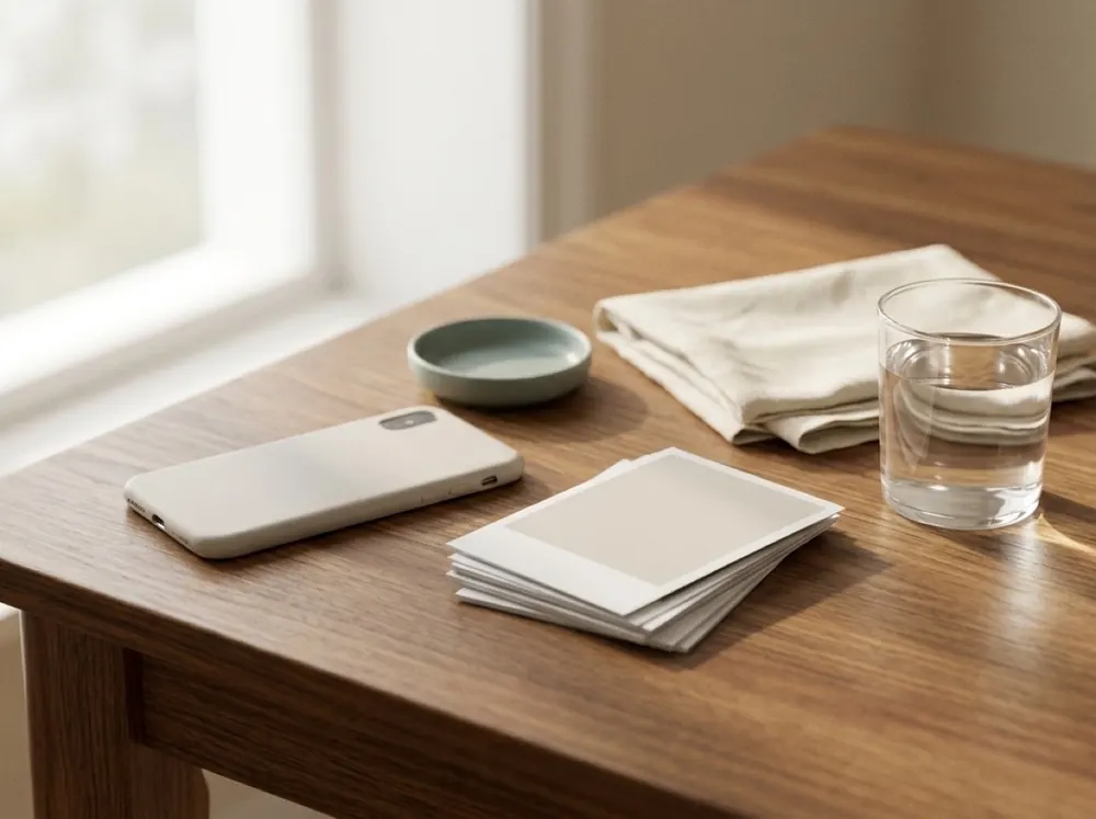 A phone lying face down beside a stack of printed photographs, a small sage dish and a glass of water on a wooden table in morning light.