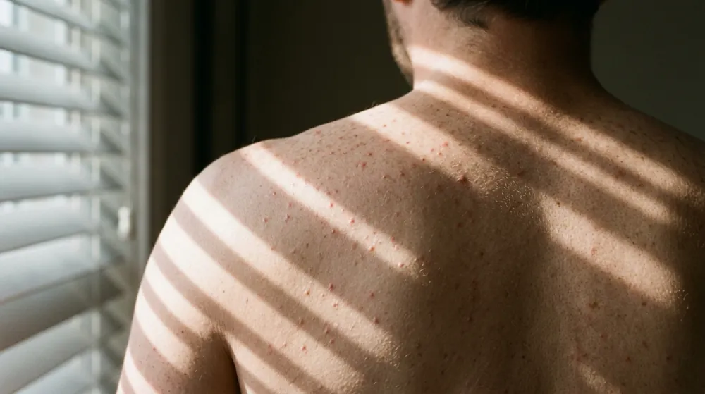 A bare adult upper back and shoulder seen from behind with scattered small red bumps, striped by bars of sunlight through window blinds.