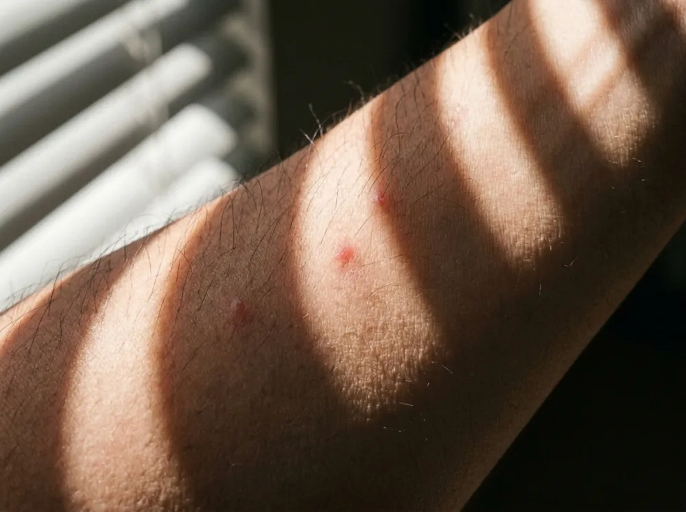 A close view of a forearm with fine dark hairs and a few small red bumps, striped by bars of sunlight and shadow.