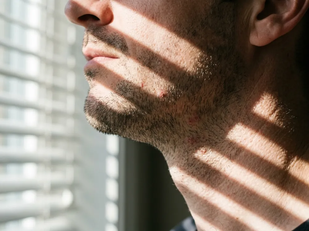 The jaw and neck of an adult with stubble in close profile, a few small red bumps beneath the jawline, striped by bars of sunlight from window blinds.